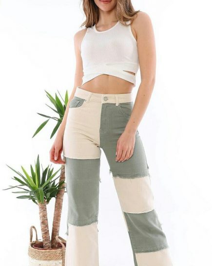 Patchwork Frayed Detail Straight Leg