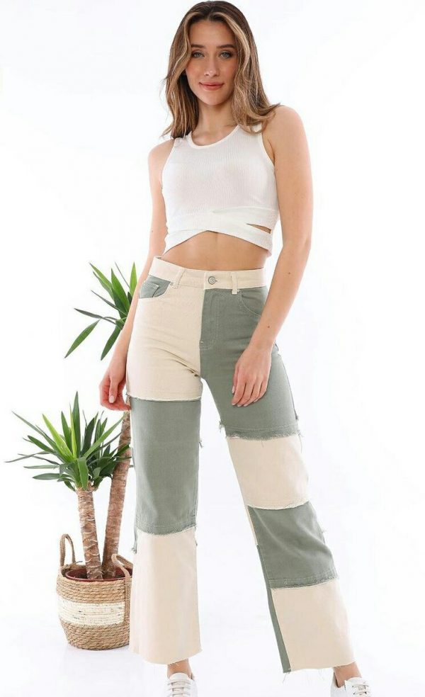 Patchwork Frayed Detail Straight Leg