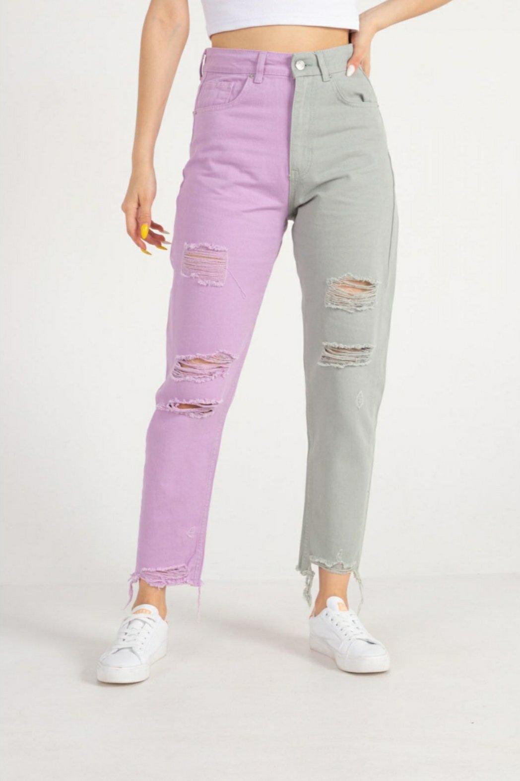Block Color Ripped MoM Jeans