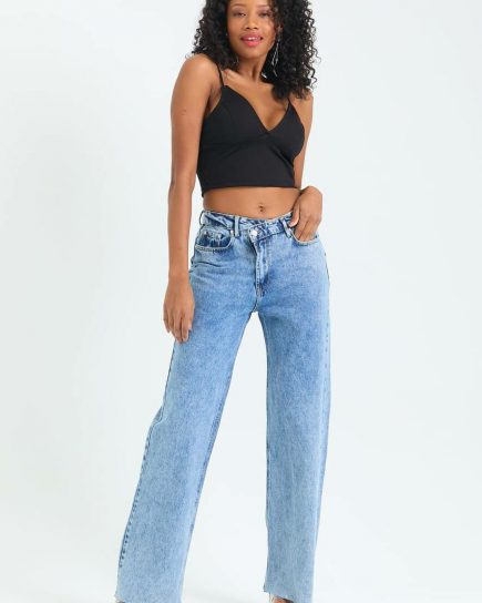 Wide Leg Jeans With Asymmetric Waistband