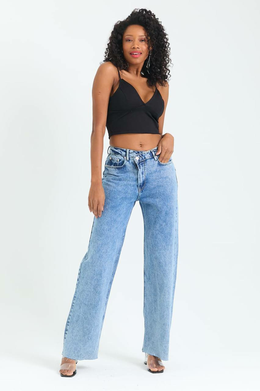 Wide Leg Jeans With Asymmetric Waistband