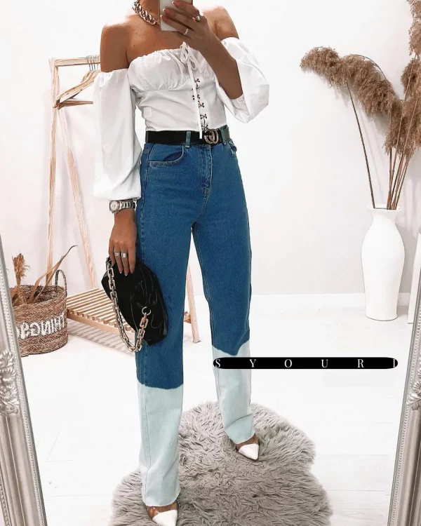 Two Tone Straight Leg Jeans In Blue - Image 4