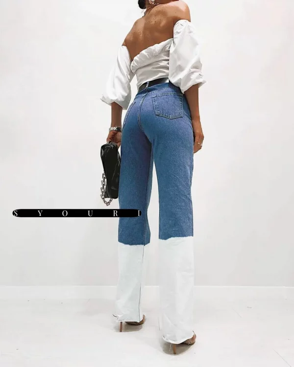 Two Tone Straight Leg Jeans In Blue - Image 3