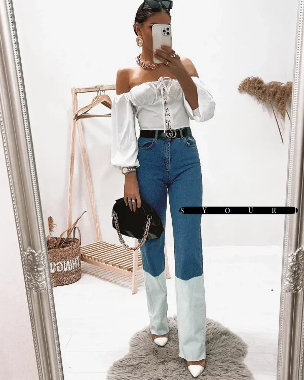 Two Tone Straight Leg Jeans In Blue - Image 2